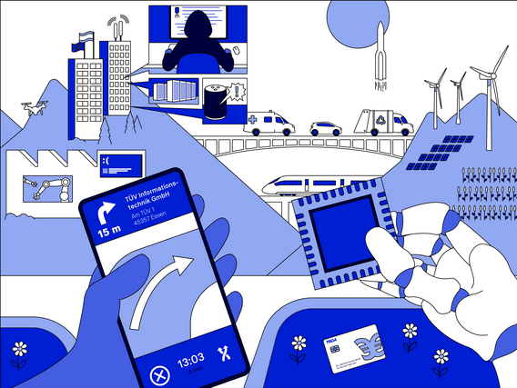 Illustration einer digitalen Industrielandschaft mit Industrie- und Energieanlagen, Verkehrs- und Kommunikationsmitteln sowie IT- und Weltraumsystemen in abgestuften Blautönen 